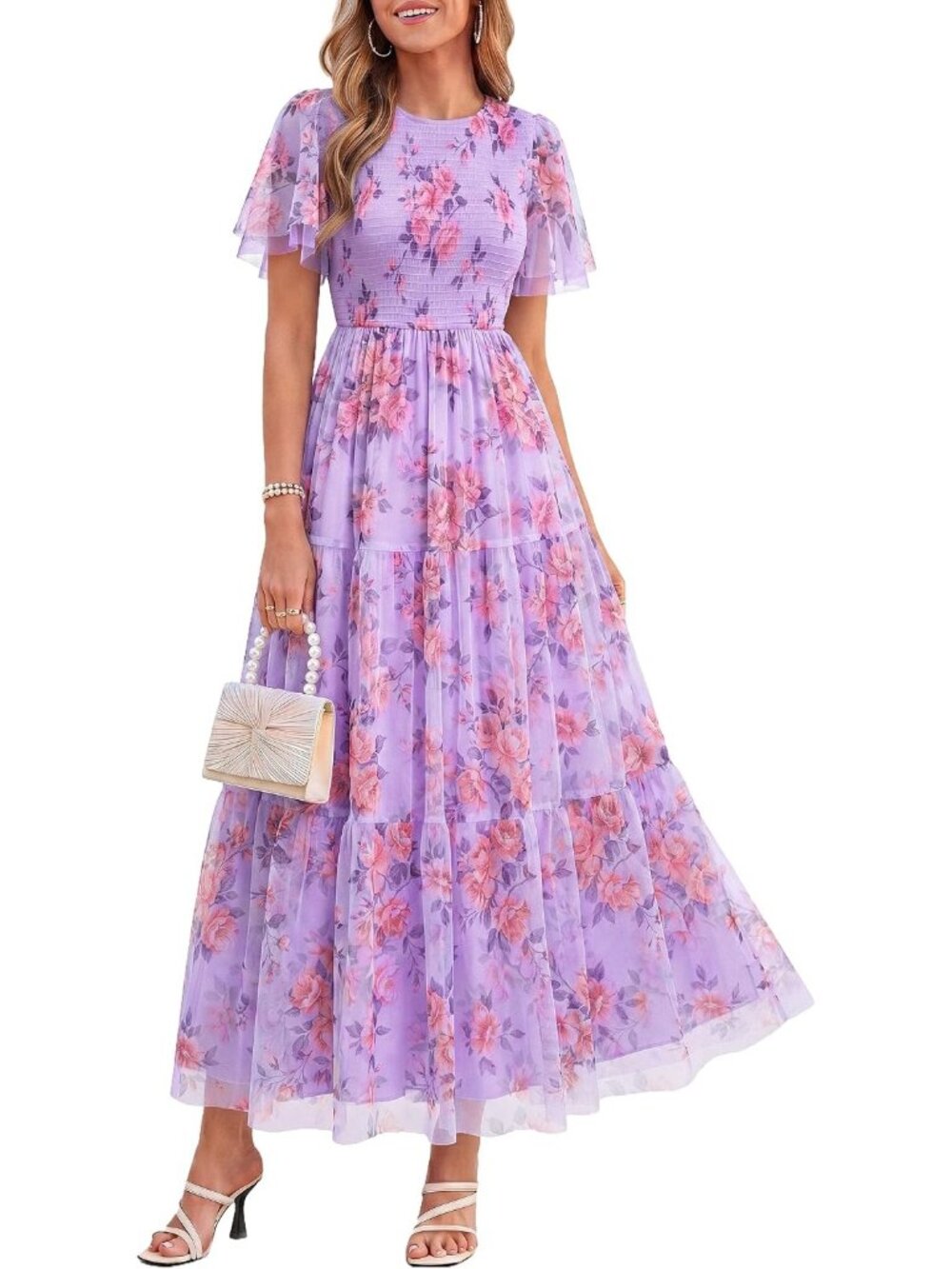 〽️Army Green Pink Boho Floral Maxi Dress Women’s Flutter Sleeve Smocked